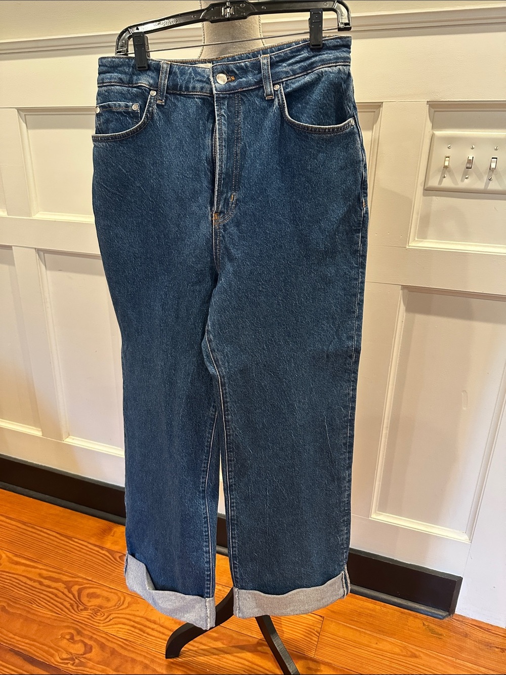 Pilcro High-Rise Straight Jeans in Dark Blue Denim